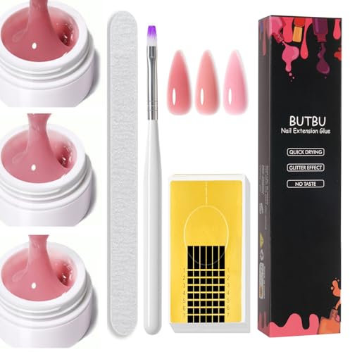 BUTBU Gel Ricostruzione Unghie, 3 Pezzi Colla per Unghia per Una, Solido per Fai da Te, Con Nail Brush, Lime per Unghie e Nail Forms, per Sculture 3D, Gemme, unghia Finte Allunga e Ripara (Set A)