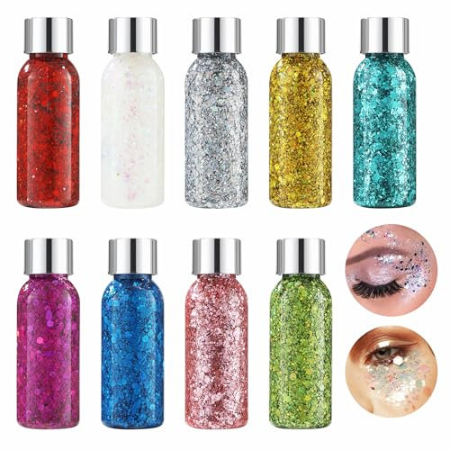 9 botellas Gel de Brillo Corporal, Gel Purpurina Liquida Corporal, brillo de larga duración para uñas, rostro y maquillaje de cabello, adecuado para carnaval, graduación, fiesta, Navidad (9 colores)