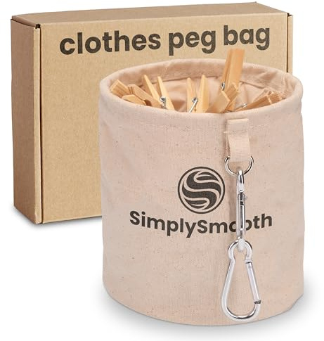 SimplySmooth Sac à Pinces à Linge 100% Coton – pour 100 Pinces, avec Mousquetons Larges et Fermeture, Panier Suspendu Pratique