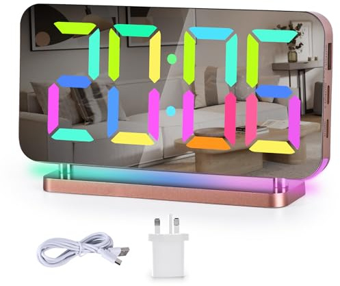 Sukeen Alarm Clock for Bedroom,7.4 Mirror Digital Clocks Large Display,with RGB Night Light, USB C Charger Port,Auto Dimming,LED Desk Clock for Kid Teen Girl Adults Room-Rose Gold