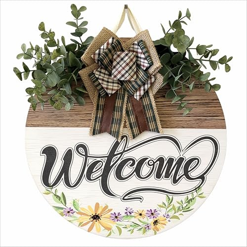 Welcome Sign Front Door Decoration 12 Inch Round Wood Wreath Wall Hanging Outdoor, Farmhouse, Porch, Suitable for Spring Summer Fall Seasons Holidays Christmas (Grass Green)