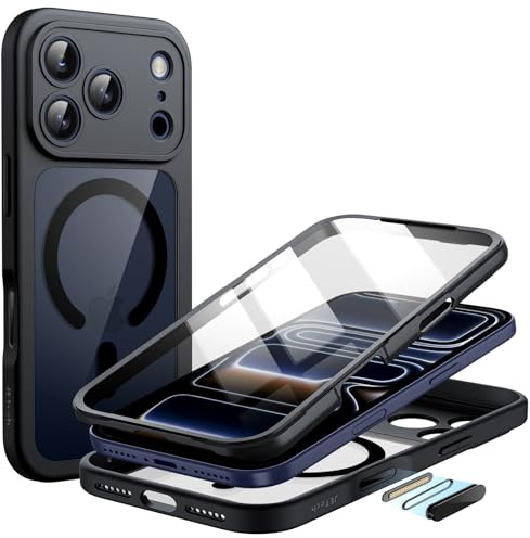 JETech Coque pour iPhone 17 Pro Max 6,9 Pouces avec Protection D'écran en Verre Trempé Intégrée et Bouton Contrôle de Caméra, Compatible avec MagSafe, Étui Housse Intégrale à 360 Degrés (Noir)