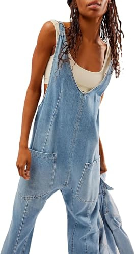 LLECDASEUI Women's Denim Overalls - Casual V-neck Baggy Loose Fit Adjustable Strap Bib Jeans Pants Cargo Jumpsuits with Pockets Staight Legs Suspenders Rompers (Sky,L)