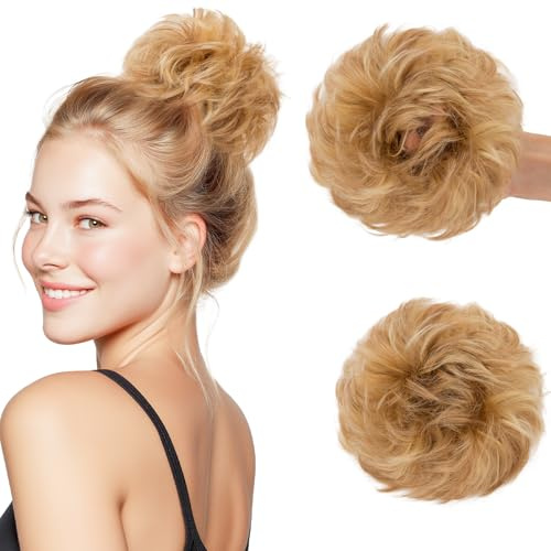 SEGOHAIR 30g Haarteile Echthaar Mit Gummiband Unordentlicher Dutt für Frauen Lockig Elastischer Haardutt Scrunchies Volles Unordentliches Dutt-Chignon Goldbraun mit gebleichten Highlights