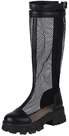 Bottes mi-mollet pour femme Printemps et été Mode Maille Bottes Couleur unie Épais Confortable Talon carré Cuir Bottes de cowboy, Noir , 38.5 EU