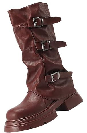 Générique Bottines Femme Plates Cuir Bottine Avec Sangle De Boucle Botte Slouchy Boot Couleur Unie Décontracté Chaussure Mollets Fins Bottine Bottes Plateforme Mi-Mollet Pour Femme Bout Rond