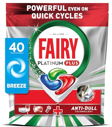 Fairy Platinum Plus Dishwasher Tablets Breeze, 40 Capsules, Impeccable Clean Even in Quick Cycles Without Pre-Wash, Anti-Dull Technology, Super Shine Function