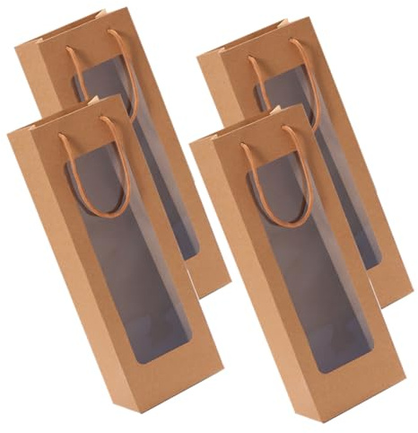 Beatifufu 4 Stück Pack Weintaschen aus Kraftpapier mit Sichtfenster Papiertragetaschen für Wein und Bierflaschen Braune Geschenktragetaschen für Weinflaschen Wiederverwendbar und Stabil