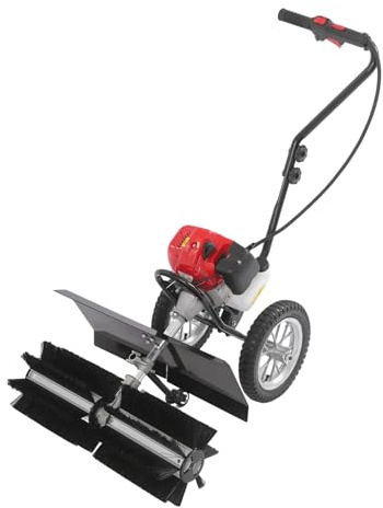 Barredora de gasolina de 43 cc, 2 tiempos, dispositivo de limpieza de nieve, 60 cm de ancho del cepillo, 1,25 kW / 1,7 CV, barredora manual para césped artificial, carreteras y limpieza de nieve