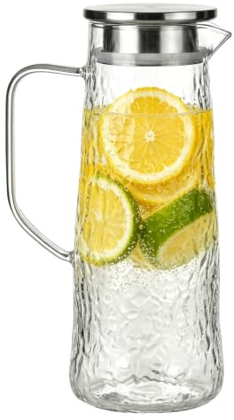 Wasserkaraffe mit Deckel 1,5 Liter, Glaskaraffe aus Borosilikatglas, Hitzebeständiger Wasserkrug für Heiß- & Kaltgetränke, Tropffreier Ausguss, Teekanne Glas, Karaffe für Saft, Eistee & Milch