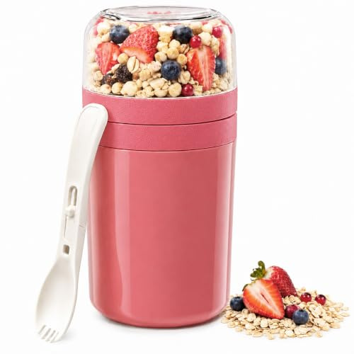 Lafefe Cereal Cup On The Go - 520ml+250ml Breakfast Pots to Go | Leakproof Overnight Oats Container with Lid & Spoon, Portable Yogurt and Granola Pot, Milk and Muesli Travel Bowl for Work-Light red