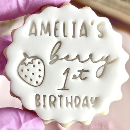 Customised Fondant Stamp Embosser, fits M&S Butter Biscuits Cookies Custom Personalised to Any Name Age Happy Birthday Berry 1st First Cute Strawberry Marks and Spencers with Free Cutter