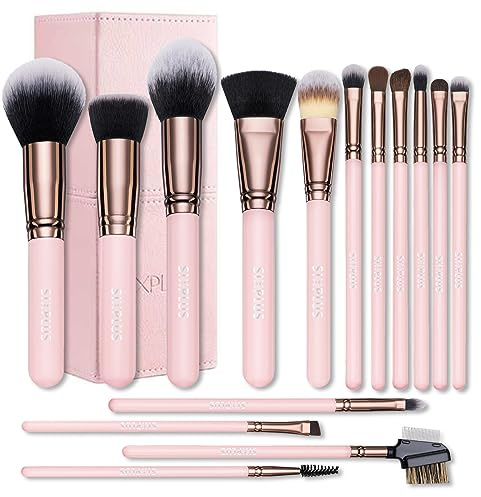 SIXPLUS Travel Makeup Brushes with Case, 15 Pcs Pink Makeup Brush Set Professional for Foundation Powder Concealer Eyeshadow Blush, Covers, Best Make Up Brush Kit Gift for Women Girlfriend Mom