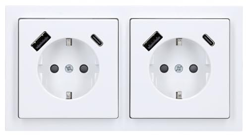 Busch Jäger Komplettset, bestehend aus 2 x USB Steckdose 20 EUCBUSB-84 Future Linear Studioweiß Glänzend und 2fach-Rahmen