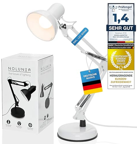 GOODS+GADGETS Retro Arbeitsplatzlampe Leselampe Schreibtischlampe Tischlampe Arbeitsplatz-leuchte Schreibtisch-Leuchte Nachttischleuchte mit Gelenk-Arm aus Metall inkl. LED Glühbirne Weiß