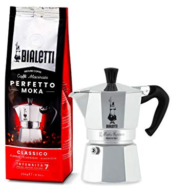 Bialetti Moka Express, Caffettiera in Alluminio da 2 Tazze + Perfetto Moka, Caffè Macinato Gusto Classico da 250 gr