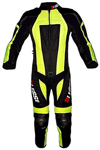 BI ESSE - Combinaison mini moto professionnelle pour enfant en cuir et Cordura (noir/jaune fluo, L (9-10 ans))
