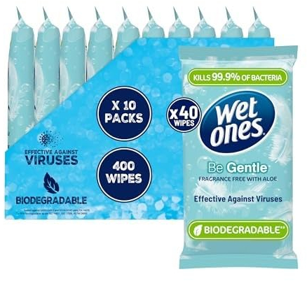 WET ONES - Be Gentle | Plastic Free Anti-bacterial Bio-degradable Hand Wipes | 400 Total - 10 packs x 40 wipes