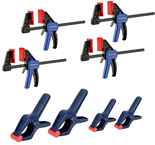 WORKPRO Clamp Set for Woodworking, 4-Pack 115 mm Mini Bar Clamps and 4-Pack Spring Clamps, Light-Duty with Max 23 kg Load Limit, One Handed