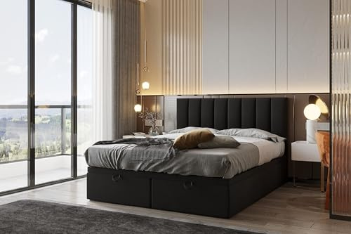TRADA Boxspringbett Bond 180x200 cm, mit Matratze und Bettkasten, Schwarz | Boxspringbett mit gestepptes Kopfteil, Double Bed fur Schlafzimmer