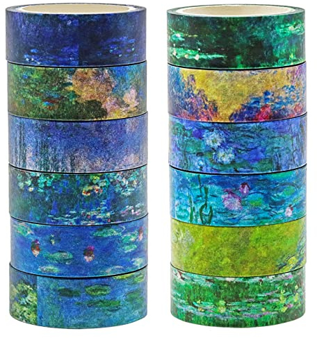 Berkin Arts 12 Rollen Kunst Washi Tape Blume Dekorative Washi Masking Klebeband Set, 15 MM Breite DIY Papier Handwerk Aufkleber, Dekobandverschönern Bullet Journals Vintage Claude Monet Painting