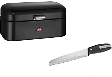 Wesco Set aus 1x Grandy Brotkasten in der Farbe Schwarz aus hochwertigem Stahlblech pulverbeschichtet und 1x Brotmesser mit Edelstahlklinge im Wellenschliff