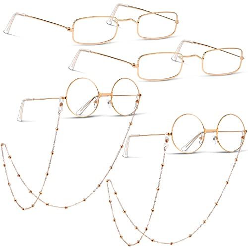 Fiada 6 Pieces Old Man Glasses Costume Set 2 Round Eyeglasses 2 Square Glasses 2 Beaded Chain for Dress up Cosplay (Gold)