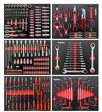 Mephisto 6 Werkzeugeinlagen Werkzeug wie Ratschen-Set, Steckschlüsselsatz, Bit-Satz, Zangenset, Schraubendreherset, Innensechs- kant und -rund, Ratschenringmaulschlüssel in Soft Inlay mit Carbon Lock