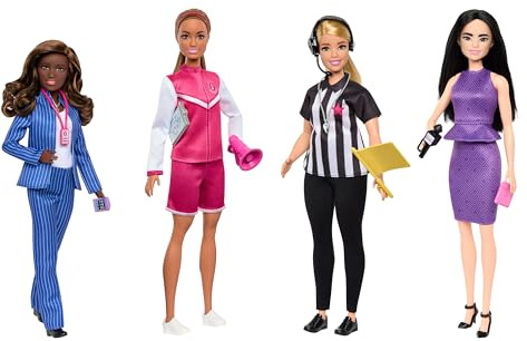 Barbie-dockor, set med 4 sportkarriärdockor och 8 tillbehör med sportchef, tränare, domare och sportjournalist HKT80