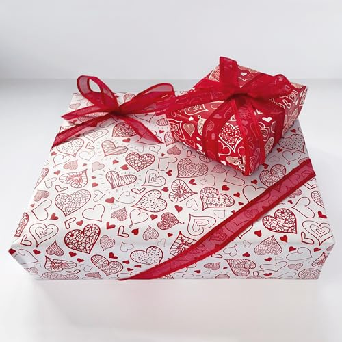 Wedding Anniversary Wrapping Paper with Ribbon. 4 XL Sheets (50 x 70cm). Red/White Hearts Twin Pack. Gift wrap for Anniversary, Wedding, Birthday, Valentines, Wife or Girlfriend. 3m of Red Ribbon.
