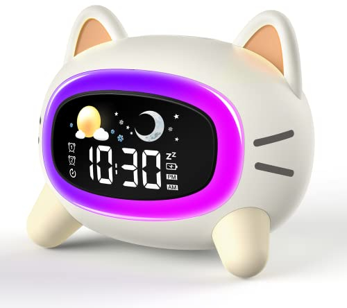 Lemnoi Kinderwecker Lichtwecker für Jungen und Mädchen, Batteriebetrieben Kinder Schlaftrainer mit Nachtlicht, Snooze-Funktion, 4 Helligkeitsstufen und Buntem Licht, Lichtwecker für Kinder