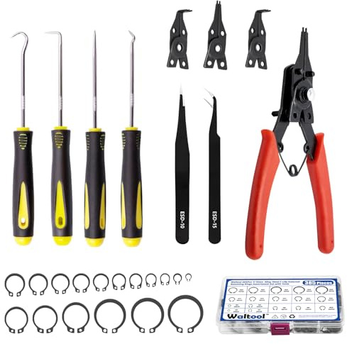 Waltool 395Pcs 17 Sizes Alloy Steel C-Clip External Retaining Rings Assortment Set with 4 in 1 Snap Ring Pliers and Precision Hooks for Grooved Shafts Pins Studs
