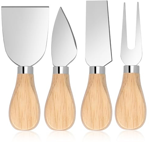 KALIONE 4 PCS Cheese Knives Set with Wooden Handle, Butter Cutter, Mini Stainless Steel Cheese Fork Knives Shovel for Cheese Slicer, Cake, Dessert and Butter Cutter