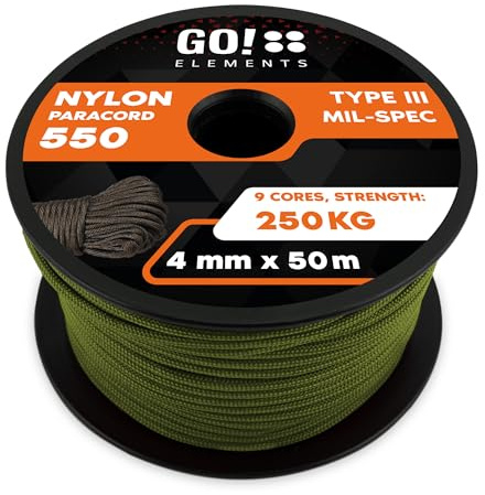 GO!elements Paracord Seil aus reißfester Nylonschnur - 4mm Paracord 550 Typ III Schnur - geeignet als Allzweckseil & Reepschnur - Max. 250kg