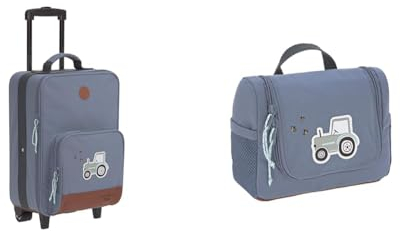 LÄSSIG Kinderkoffer Trolley Reisekoffer mit Teleskopstange und Rollen & Kinder Kulturtasche Waschbeutel Waschtasche Kulturbeutel zum Hängen, 20 cm/Mini Washbag Adventure Tractor