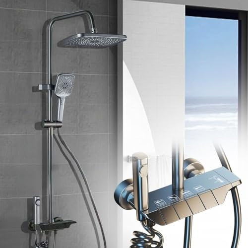 CALISTOUK Columna de Ducha con Grifo, 4 Modos Columna Ducha Controles de los botones del piano, Lluvia Columna de Baño Multifuncional Altura Ajustable 65-105cm (gris oscuro)