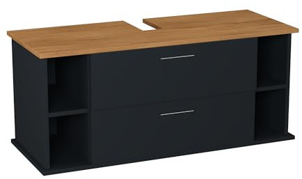Garlivo GLA-120 Meuble sous-lavabo de salle de bain, noir, avec tiroirs, meuble de salle de bain, en chêne, largeur : 120 cm, fermeture amortie, push-to-open/tip-on, à suspendre