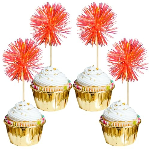 Gyufise 30Pcs Foil Firework Cupcake Toppers Sparkle Tinsel Cake Toppers Tinsel Drink Cake Decoration Cocktail Picks for Birthday Wedding Graduation Party Supplies Dark Orange