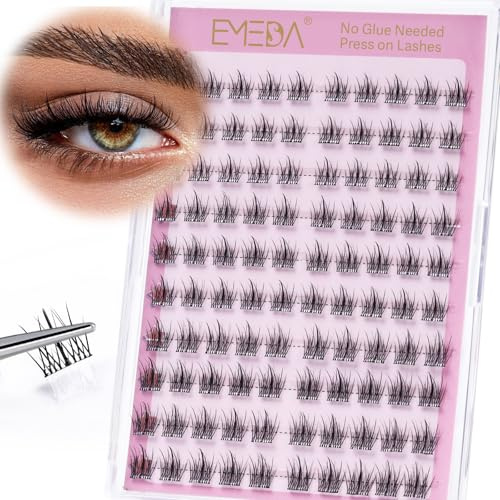 EMEDA Self Adhesive Lash Clusters Kit No Glue Needed Natural Manga Eyelash Clusters Pre Glued Lash Cluster, 120pcs Press on Cluster Lashes with Tweezers Glueless Lashes (K04)
