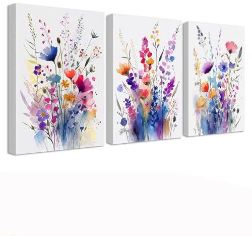 Kepuarm 3Pcs Framed Colorful Wildflower Canvas Wall Art,Floral Botanical Prints Wildflower Plant Pictures Wall Decor For Bathroom Bedroom Room Living Room Decor 12X16In (30 * 40cm)