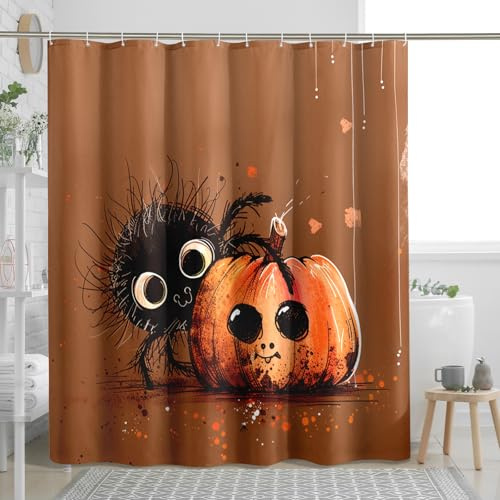 Rideau de douche d'Halloween, joli rideau de douche en tissu imperméable, motif araignée noire et citrouille pour décoration de salle de bain, vacances d'automne, rideau de douche en tissu imperméable