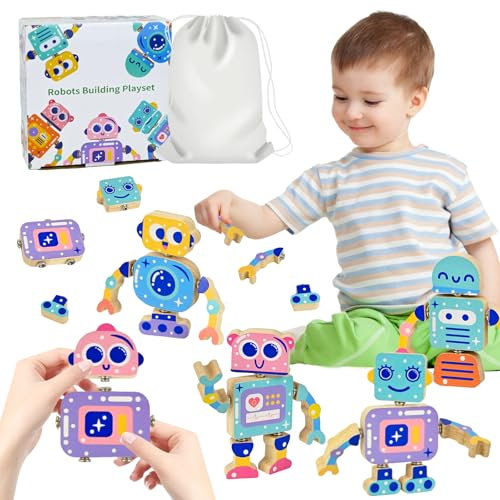 Ulikey Bauklötze Holz Montessori, 28 Teile DIY Roboter Bauklötze, Buttons Verbindung, Feinmotorik Motorik Konstruktionsspielzeug, Bewegliche Puppe, Holzspielzeug ab 3 Jahre Mädchen Jungen Geschenk