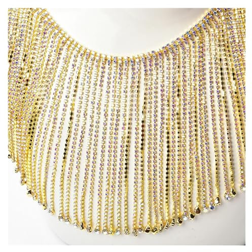 Fransen Mit Quastenbesatz Bling Kristall Lange Quaste Strass Kette Runde Diamant DIY Fransenbesatz Metall for Kleid Tasche Schuhe Zubehör Fransenbesatz(Gold Crystal ab,45cm)