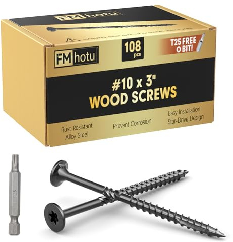 #10 x 3” Deck Screws, 108Pcs Star Drive Wood Screws, Rust Resistant Timber Screws for Timber/Log/Landscaping Wood, T25 Star Bit Included, Black