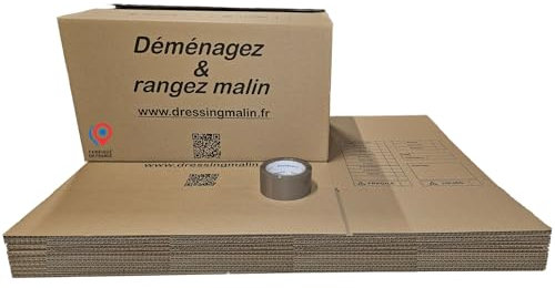 Lot de 20 cartons de déménagement 55x35x30 cm + rouleau adhésif havane – Cartons solides et résistants, faciles à monter – Idéal pour emballage, stockage, expédition, rangement – Recyclables