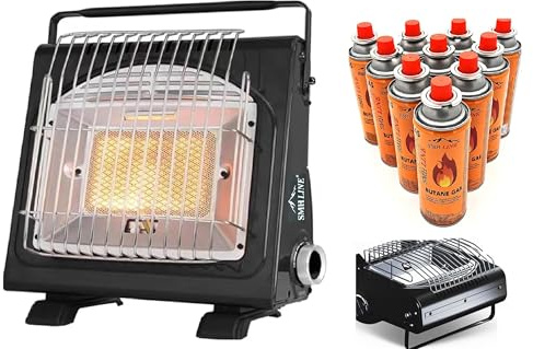 SMH LINE® Calefactor de gas portátil 2 en 1, para camping + 24 cartuchos de gas butano, caravana, quemador de 1,7 kW, quemador, calentador de cerámica Estufa