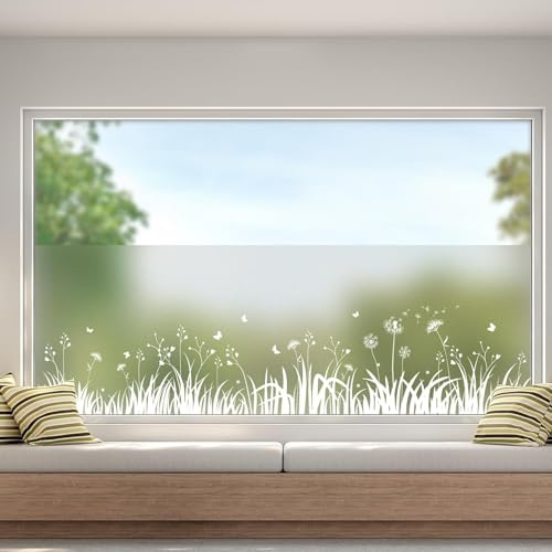 AMIGO Sichtschutzfolie Gras-Löwenzahn 90x200cm, statisch | Ohne Klebstoff, wiederverwendbar. Ideal für Wohnzimmer, Schlafzimmer und Küche. Einfach anzubringen.