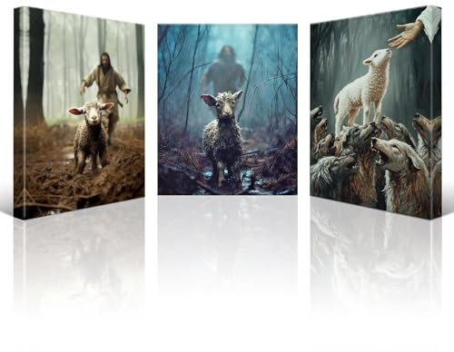 Artscope Set med 3 tryck på duk - Jesus och lamm - Frälsning väggkonst duk målning bild väggdekoration för sovrum målningar i olja för hem badrum vardagsrum sovrum 30x40cm