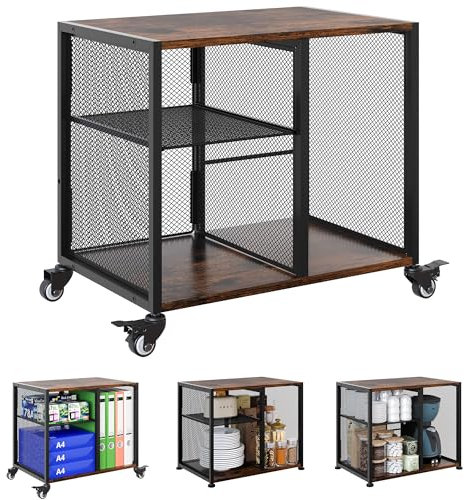 Solinxe 2-Tier Printer Stand with Storage - Mobile Under Desk Shelf Unit, Wooden Printer Table, Filing Trolley on Wheels for Home Office, Rustic Brown