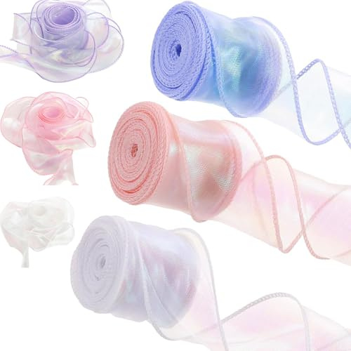 Nastri in Organza Iridescente,Nastro Organza Colorato Nastro Carta,4cm Nastri Colorati Tulle Nastrine per Artigianato, Natale,Decorazioni,Confezioni Regalo (Rosa/Viola/Bianco)